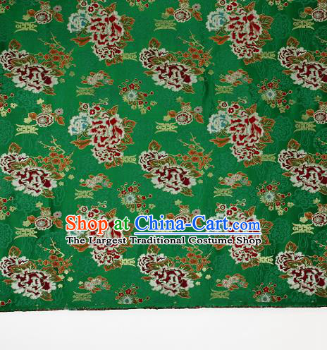 Asian Chinese Traditional Peony Plum Pattern Green Brocade Tibetan Robe Satin Fabric Silk Material