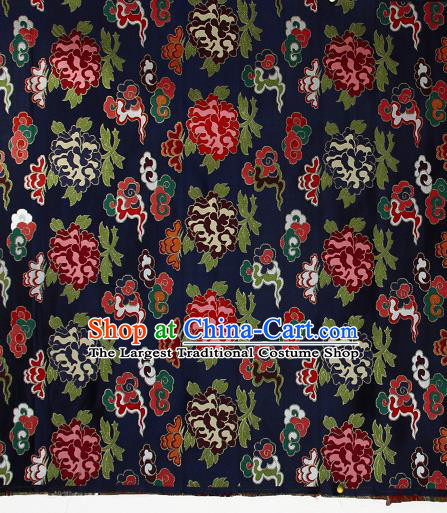 Asian Chinese Traditional Cloud Peony Pattern Navy Brocade Tibetan Robe Satin Fabric Silk Material