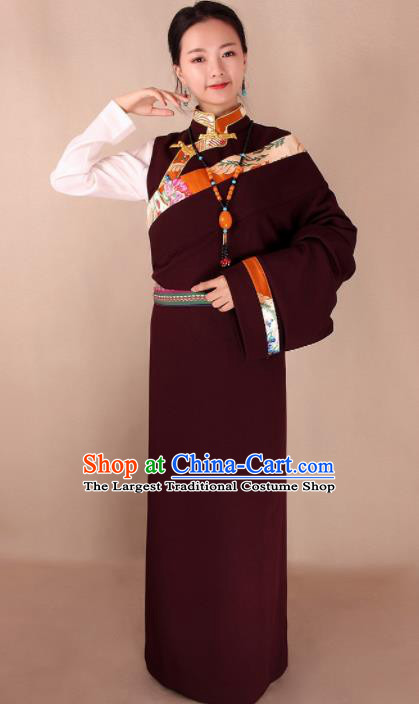 Traditional Chinese Zang Ethnic Dark Red Kangba Robe Tibetan Minority Folk Dance Costume for Women