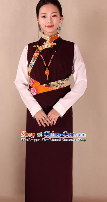 Traditional Chinese Zang Ethnic Dark Red Kangba Robe Tibetan Minority Folk Dance Costume for Women