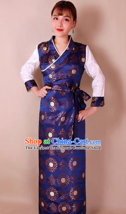 Traditional Chinese Zang Ethnic Royalblue Brocade Bora Dress Tibetan Minority Folk Dance Costume for Women