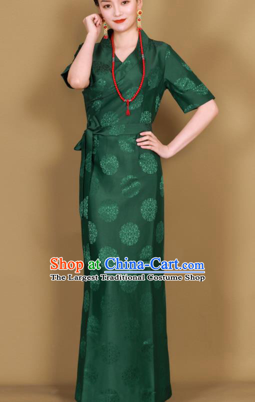Traditional Chinese Zang Ethnic Green Guozhuang Dress Tibetan Minority Folk Dance Costume for Women