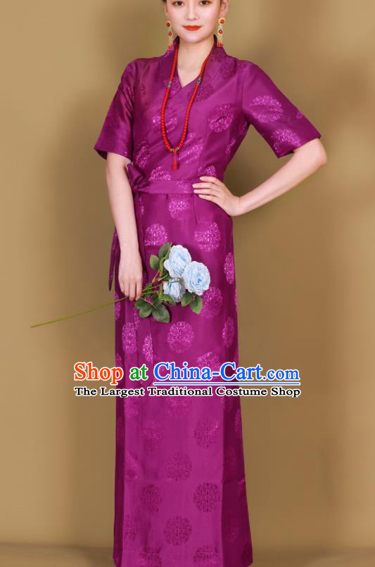 Traditional Chinese Zang Ethnic Purple Guozhuang Dress Tibetan Minority Folk Dance Costume for Women