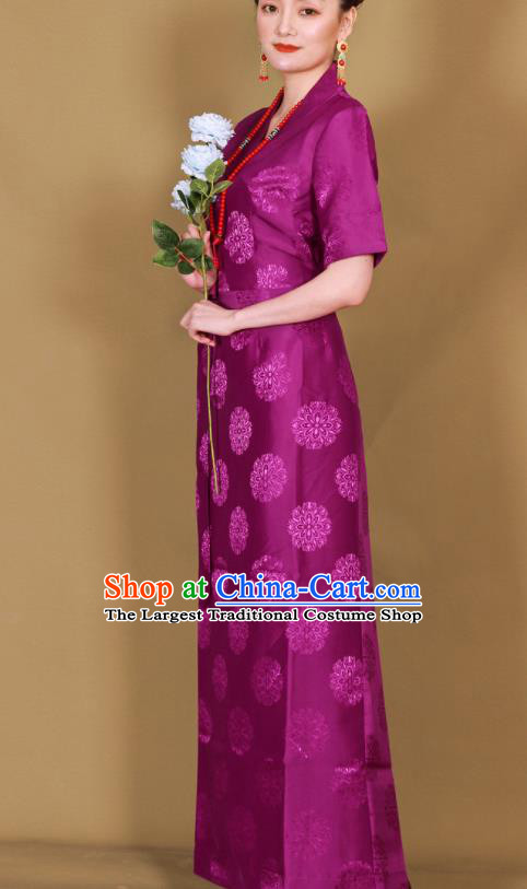 Traditional Chinese Zang Ethnic Purple Guozhuang Dress Tibetan Minority Folk Dance Costume for Women