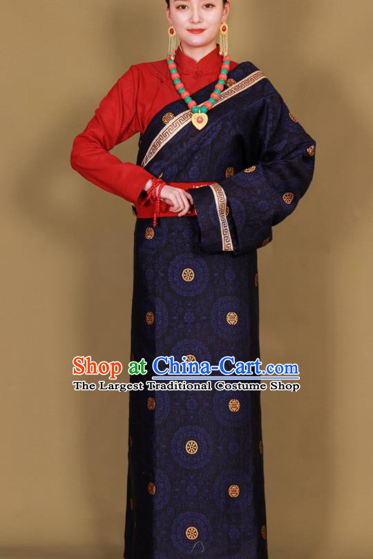 Traditional Chinese Zang Ethnic Guozhuang Navy Robe Tibetan Minority Folk Dance Costume for Women