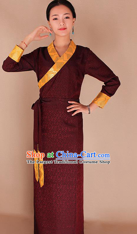 Traditional Chinese Zang Ethnic Kangba Purplish Red Dress Tibetan Minority Folk Dance Costume for Women
