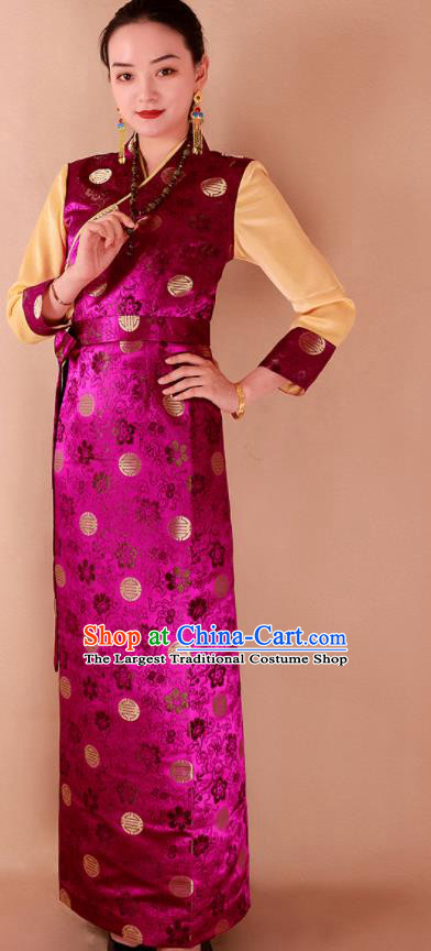 Traditional Chinese Zang Ethnic Kangba Rosy Brocade Dress Tibetan Minority Folk Dance Costume for Women