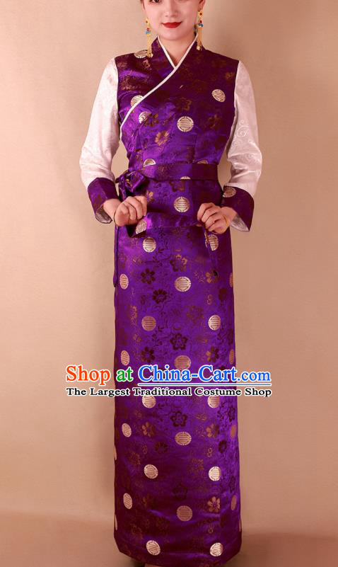 Traditional Chinese Zang Ethnic Purple Brocade Dress Tibetan Minority Kangba Folk Dance Costume for Women