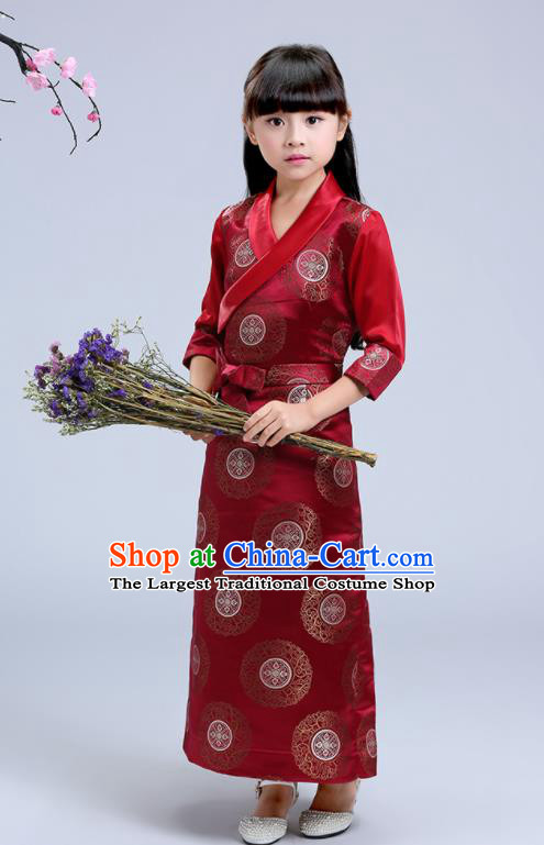 Traditional Chinese Zang Ethnic Girls Wine Red Dress Tibetan Minority Folk Dance Costume for Kids