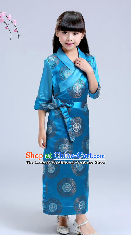 Traditional Chinese Zang Ethnic Girls Blue Dress Tibetan Minority Folk Dance Costume for Kids