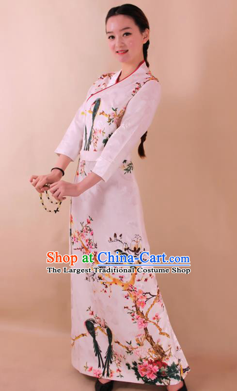 Traditional Chinese Zang Ethnic Printing White Dress Tibetan Minority Kangba Folk Dance Costume for Women
