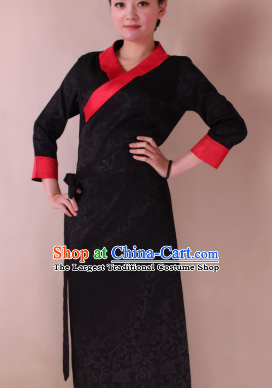Traditional Chinese Zang Ethnic Folk Dance Black Dress Tibetan Minority Costume for Women