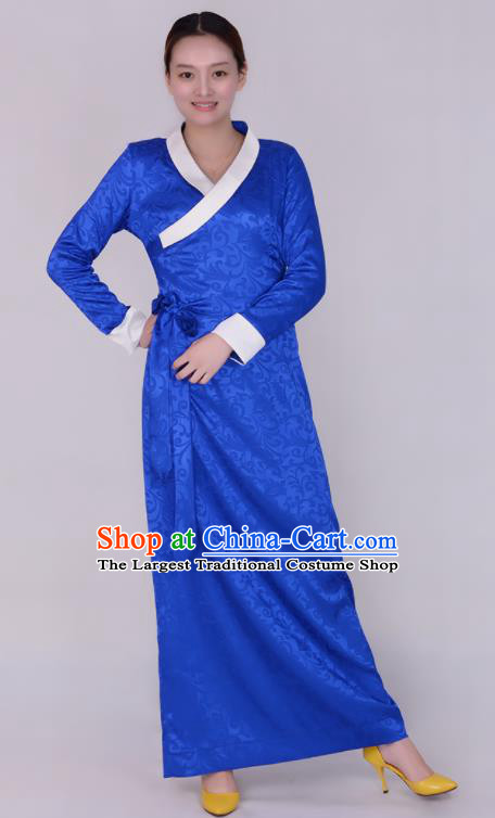 Traditional Chinese Zang Ethnic Folk Dance Royalblue Dress Tibetan Minority Costume for Women