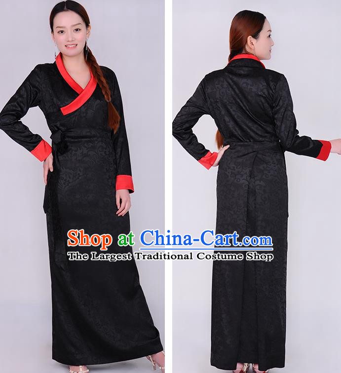 Traditional Chinese Zang Ethnic Folk Dance Black Dress Tibetan Minority Costume for Women
