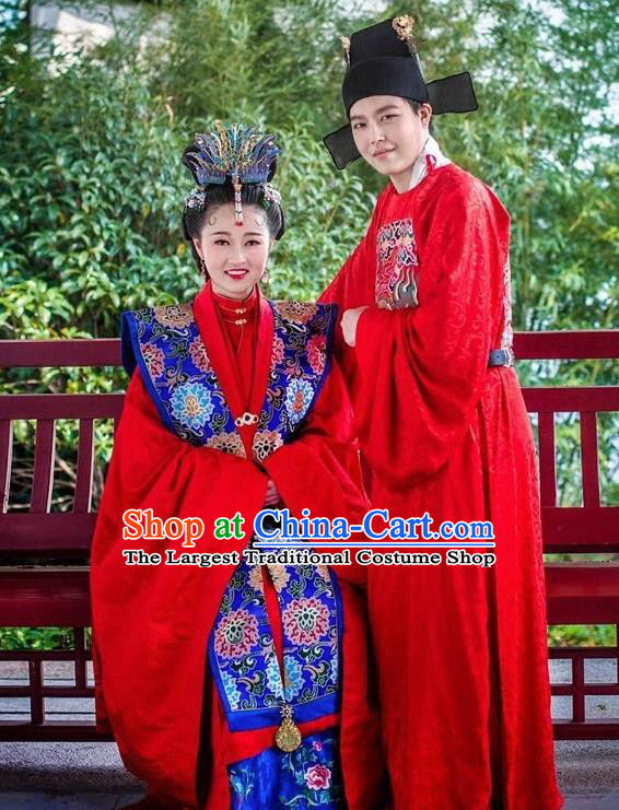 Traditional Chinese Ming Dynasty Wedding Hanfu Clothing Ancient Court Bride and Bridegroom Replica Costumes Complete Set