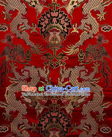 Asian Chinese Traditional Dragon Lotus Pattern Red Brocade Tibetan Robe Satin Fabric Silk Material