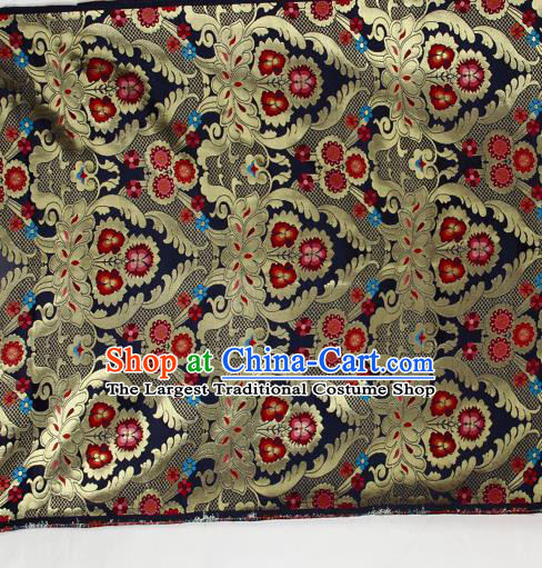 Asian Chinese Traditional Phoenix Galsang Flowers Pattern Navy Brocade Tibetan Robe Satin Fabric Silk Material