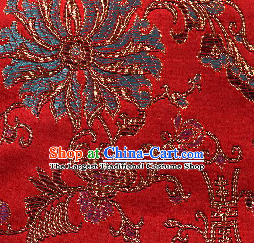 Asian Chinese Traditional Chrysanthemum Pattern Red Brocade Tibetan Robe Satin Fabric Silk Material