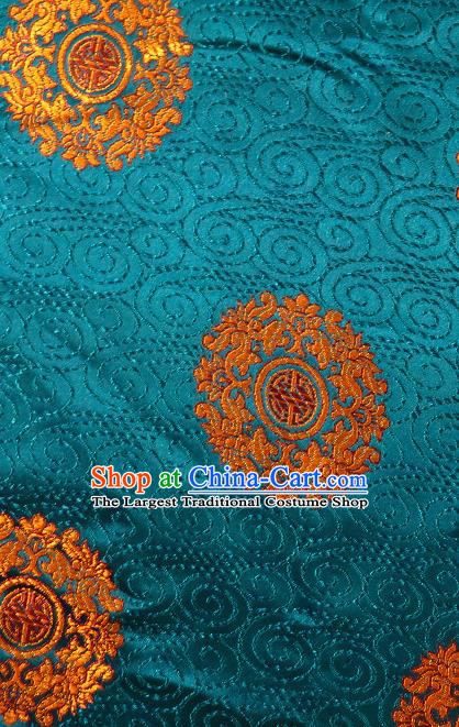 Asian Chinese Traditional Round Pattern Peacock Blue Brocade Tibetan Robe Satin Fabric Silk Material