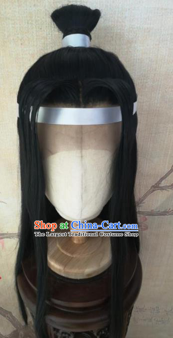 Traditional Chinese Cosplay Hanfu Swordsman Wigs Ancient Prince Nobility Childe Black Wig Sheath Hair Accessories for Men