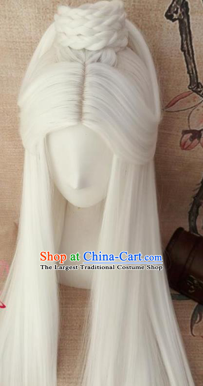 Traditional Chinese Cosplay Hanfu Old Swordsman White Wigs Ancient Taoist Priest Wig Sheath Hair Accessories for Men