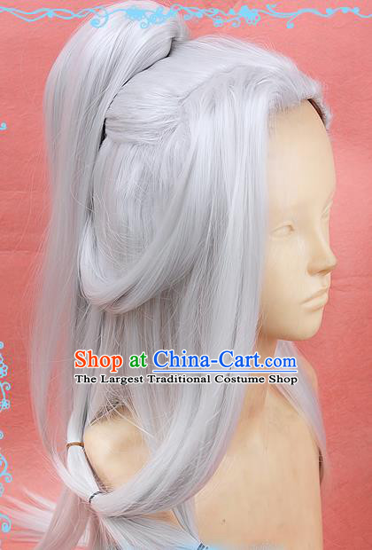 Chinese Traditional Cosplay Taoist White Long Wigs Ancient Swordsman Wig Sheath Hair Accessories for Men