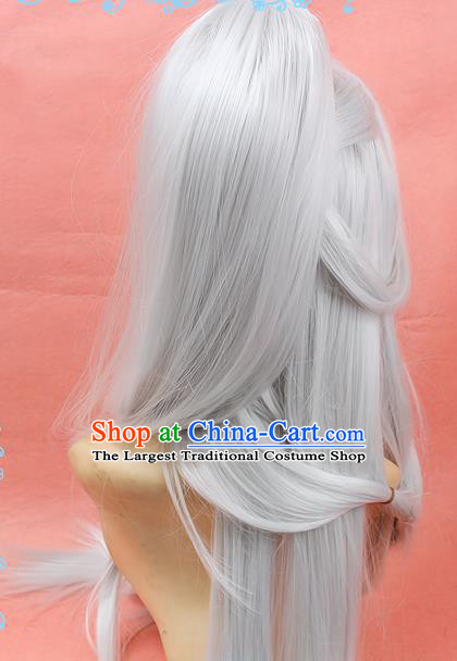 Chinese Traditional Cosplay Taoist White Long Wigs Ancient Swordsman Wig Sheath Hair Accessories for Men