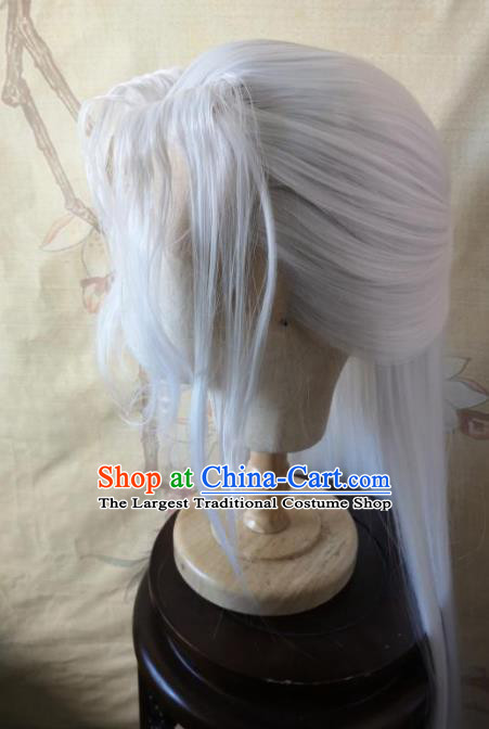 Traditional Chinese Cosplay Game Knight Taoist White Wigs Ancient Swordsman Wig Sheath Hair Accessories for Men