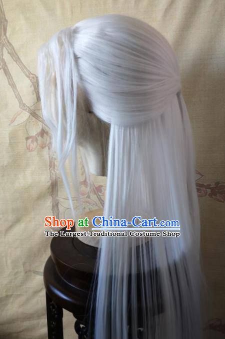 Traditional Chinese Cosplay Game Knight Taoist White Wigs Ancient Swordsman Wig Sheath Hair Accessories for Men