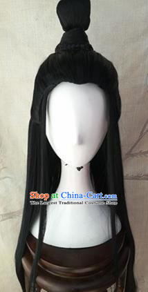 Traditional Chinese Cosplay Swordsman Lan Wangji Black Wigs Ancient Nobility Childe Wig Sheath Hair Accessories for Men