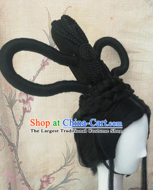 Chinese Traditional Cosplay Peri Swordswoman Black Wigs Ancient Court Princess Wig Sheath Hair Accessories for Women
