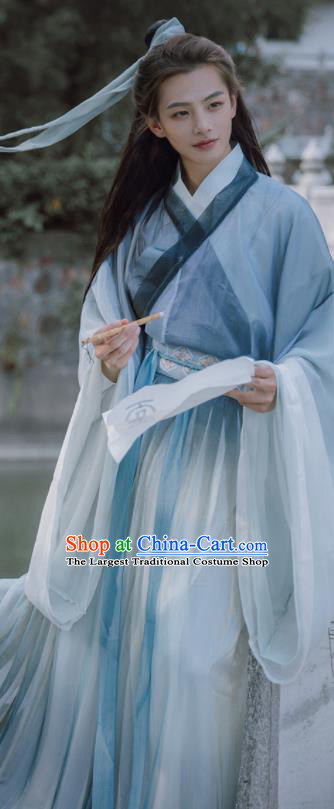 Traditional Chinese Jin Dynasty Nobility Childe Blue Hanfu Clothing Ancient Swordsman Prince Replica Costumes for Men