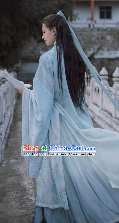 Traditional Chinese Jin Dynasty Nobility Childe Blue Hanfu Clothing Ancient Swordsman Prince Replica Costumes for Men