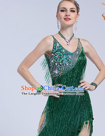 Top Grade Latin Dance Competition Cha Cha Green Tassel Dress Modern Dance  International Ballroom Dance Costume for Women