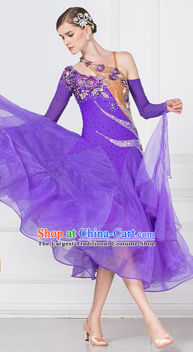 Professional International Waltz Dance Violet Dress Ballroom Dance Modern Dance Competition Costume for Women