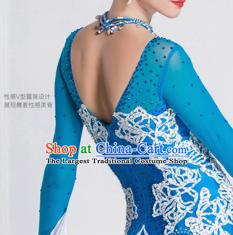 Professional International Waltz Dance Blue Dress Ballroom Dance Modern Dance Competition Costume for Women