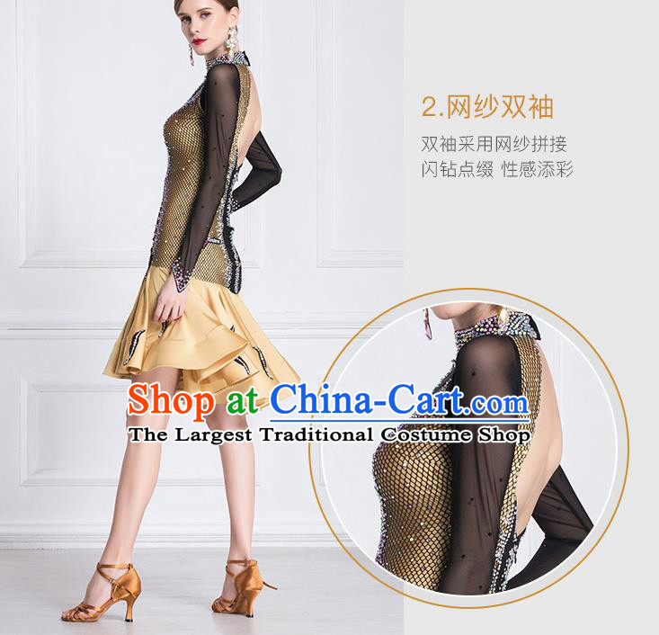 Top Grade Latin Dance Competition Golden Dress Modern Dance International Ballroom Dance Costume for Women