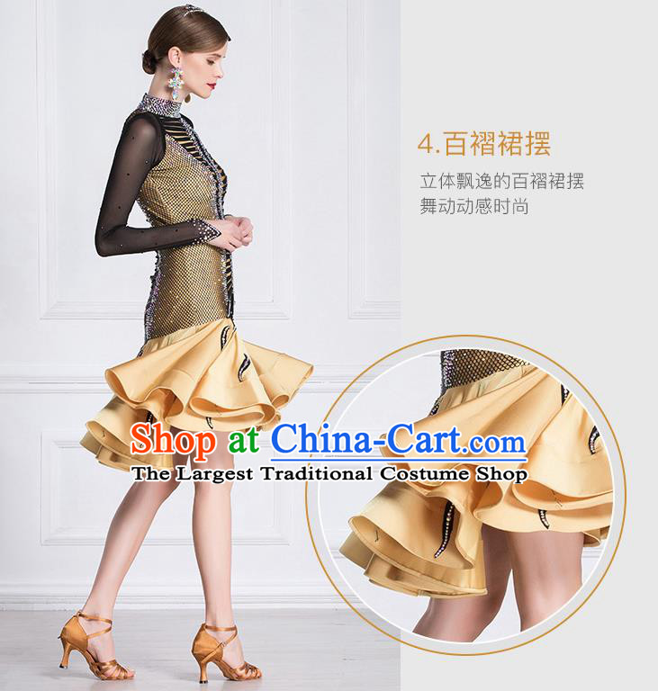 Top Grade Latin Dance Competition Golden Dress Modern Dance International Ballroom Dance Costume for Women