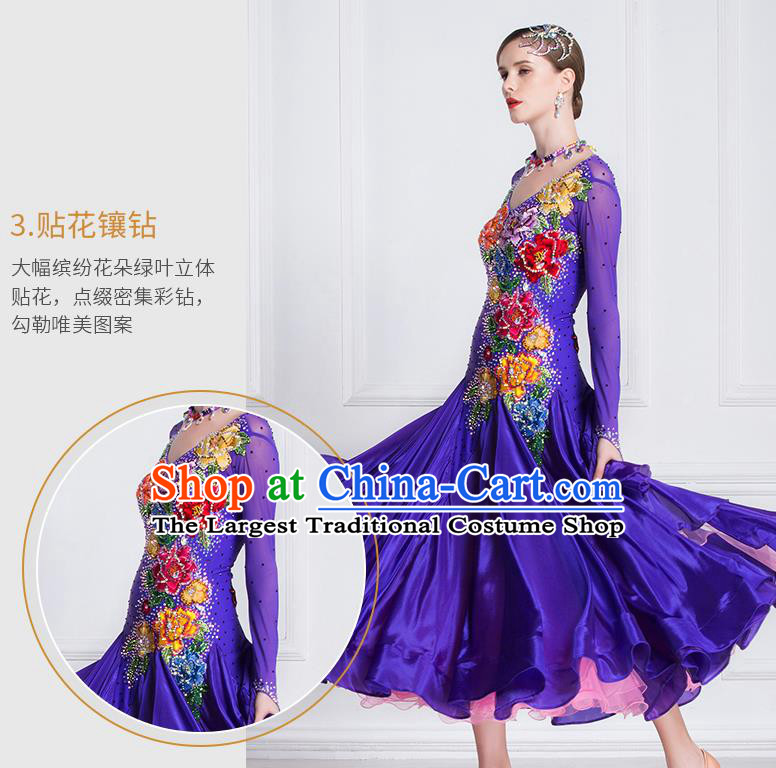 Professional Modern Dance Waltz Purple Dress International Ballroom Dance Competition Costume for Women
