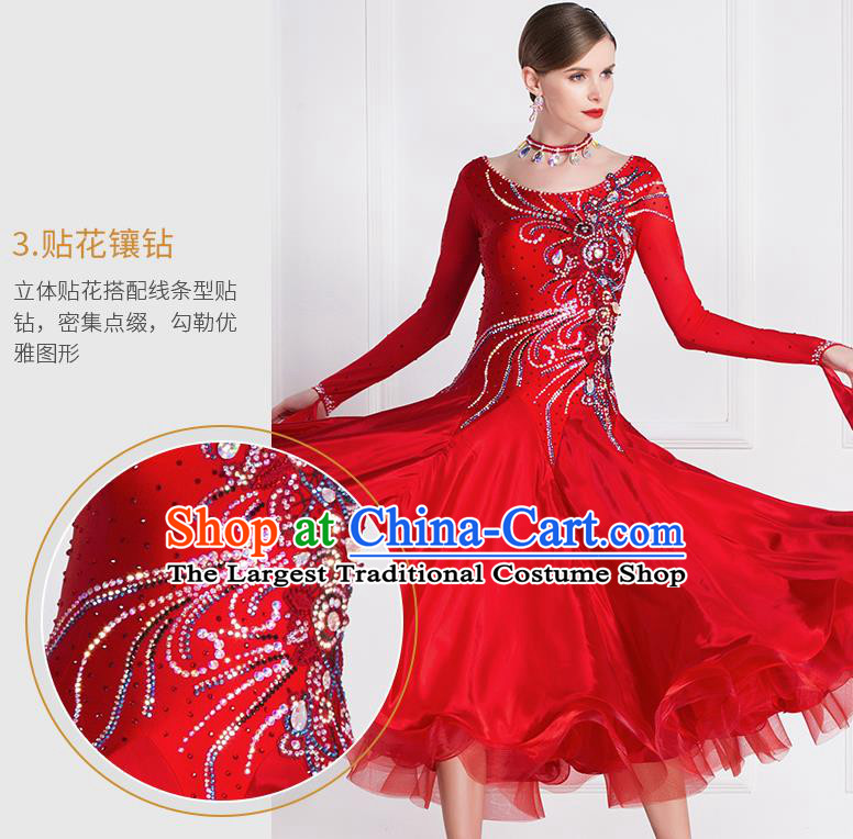 Professional Modern Dance Waltz Red Dress International Ballroom Dance Competition Costume for Women
