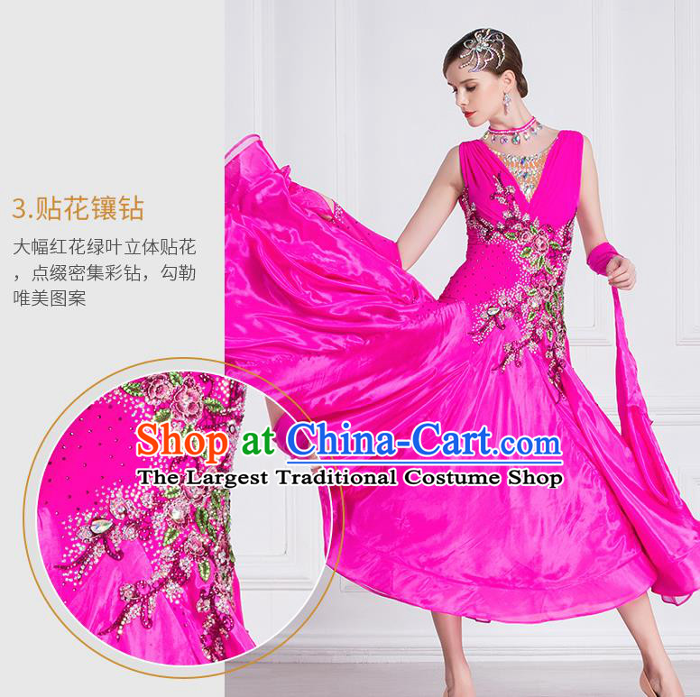 Professional Modern Dance Waltz Rosy Dress International Ballroom Dance Competition Costume for Women