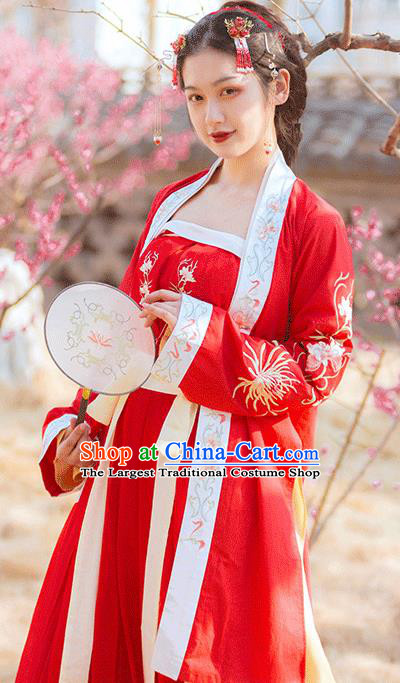 Traditional Chinese Song Dynasty Female Civilian Red Embroidered Dress Ancient Hanfu Replica Costumes for Women