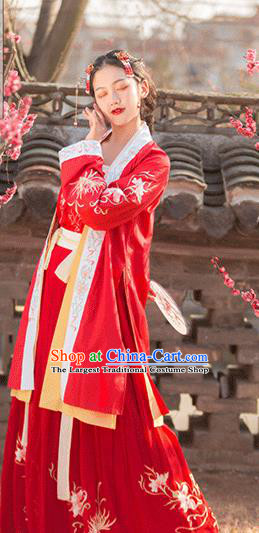 Traditional Chinese Song Dynasty Female Civilian Red Embroidered Dress Ancient Hanfu Replica Costumes for Women