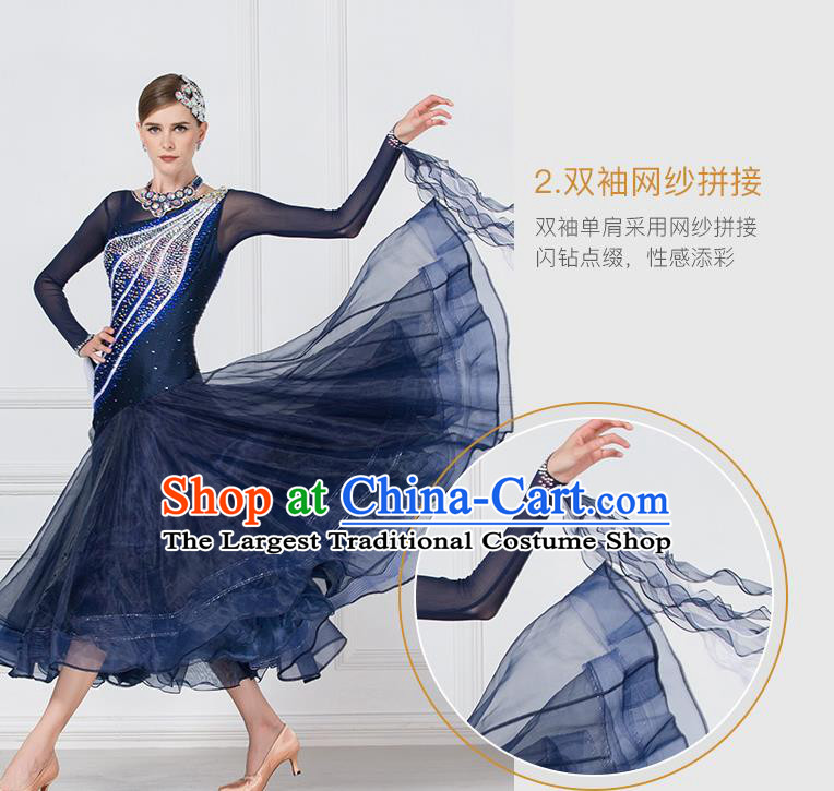 Professional Waltz Tango Competition Navy Dress Modern Dance International Ballroom Dance Costume for Women