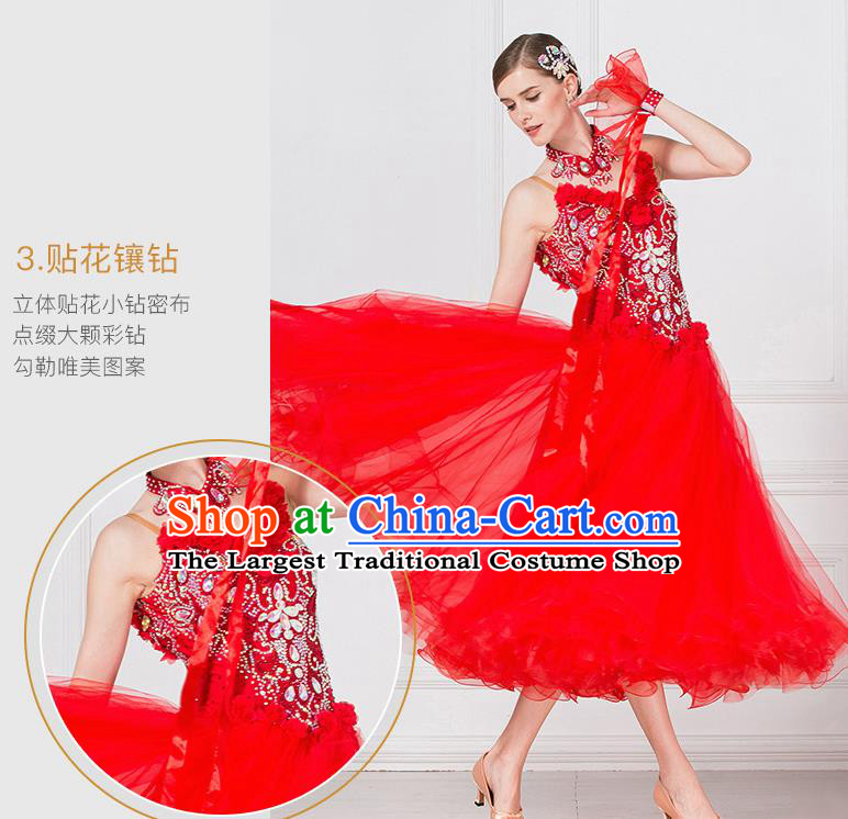 Professional Waltz Tango Competition Red Dress Modern Dance International Ballroom Dance Costume for Women