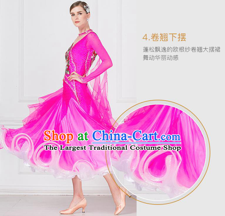 Professional Waltz Tango Competition Rosy Dress Modern Dance International Ballroom Dance Costume for Women