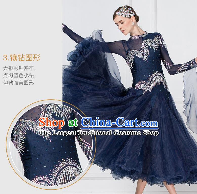 Professional Waltz Tango Competition Navy Blue Dress Modern Dance International Ballroom Dance Costume for Women