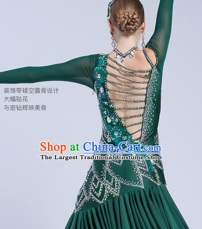 Top Latin Dance Competition Deep Green Dress Modern Dance International Rumba Dance Costume for Women