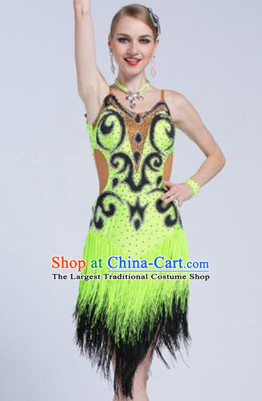 Top Latin Dance Competition Green Tassel Dress Modern Dance International Rumba Dance Costume for Women