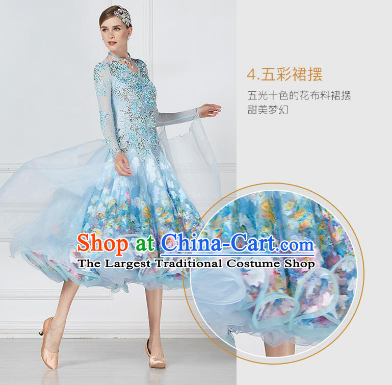 Professional Modern Dance Waltz Competition Blue Lace Dress International Ballroom Dance Costume for Women